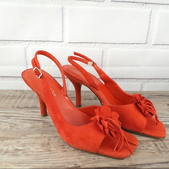 Apostrophe Shoes - Apostrophe 7.5 orange suede floral heel sandals